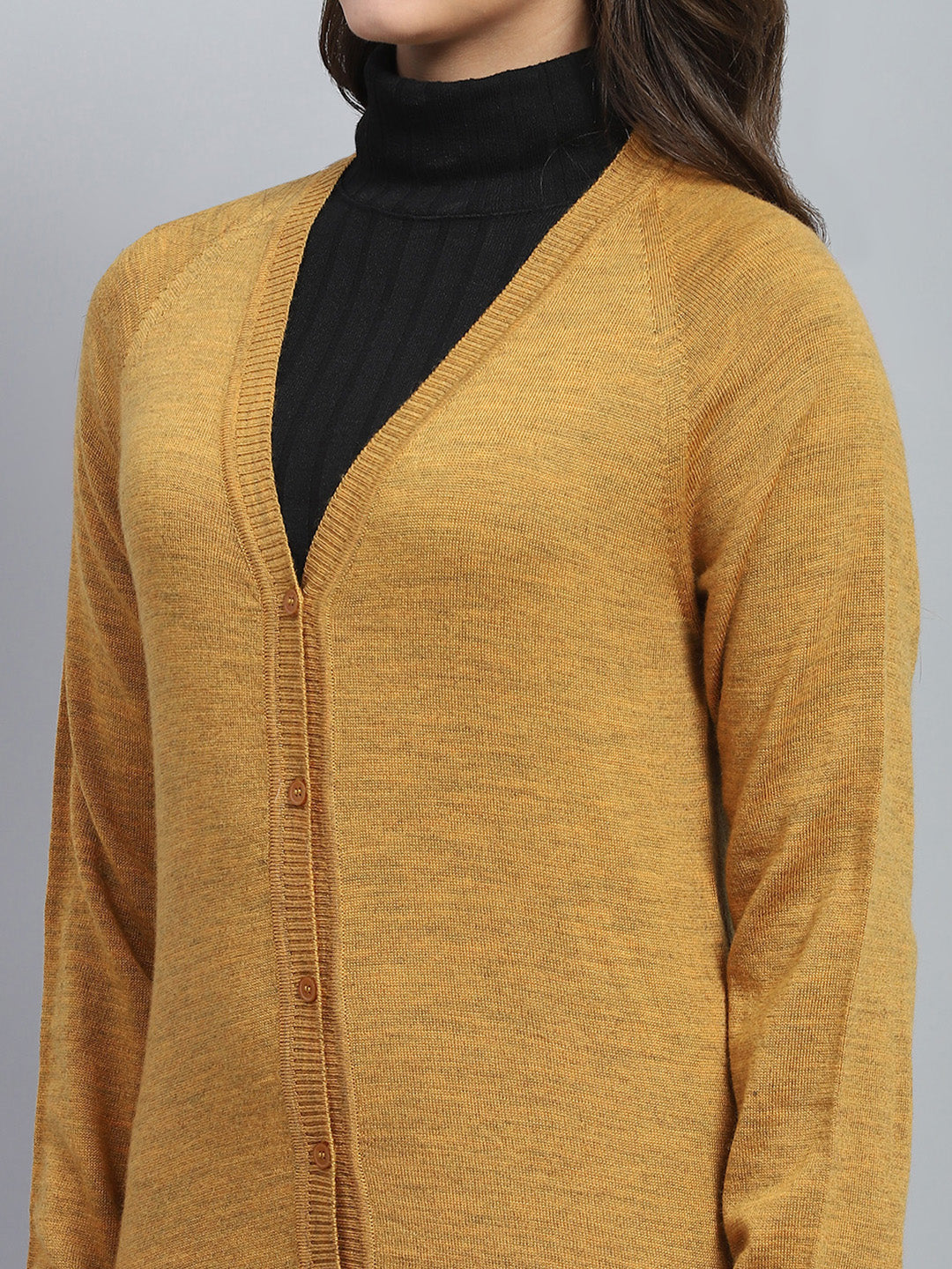 Women Yellow Solid V Neck Full Sleeve Cardigan