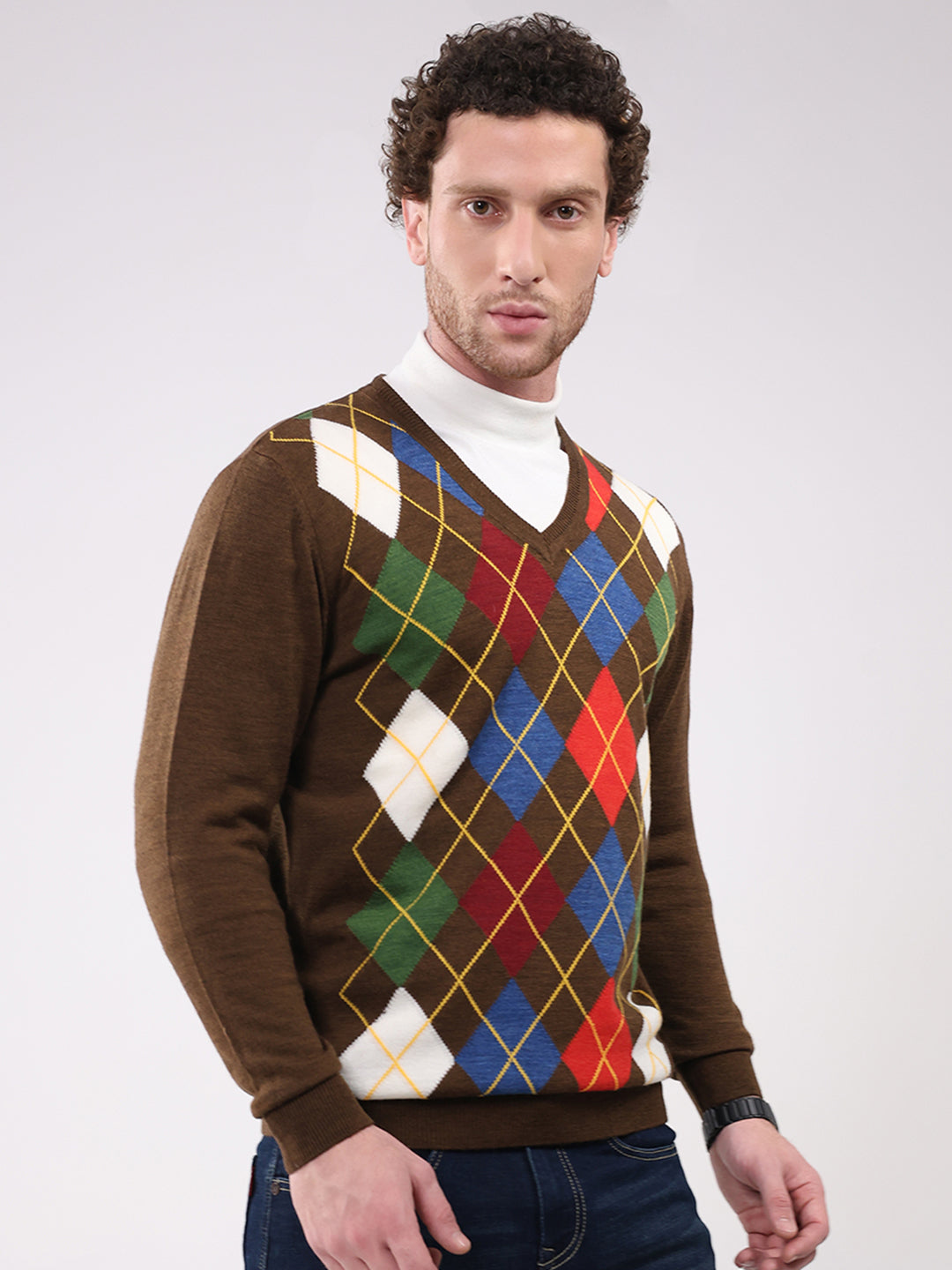 Men Brown Self Design V Neck Full Sleeve Pullover