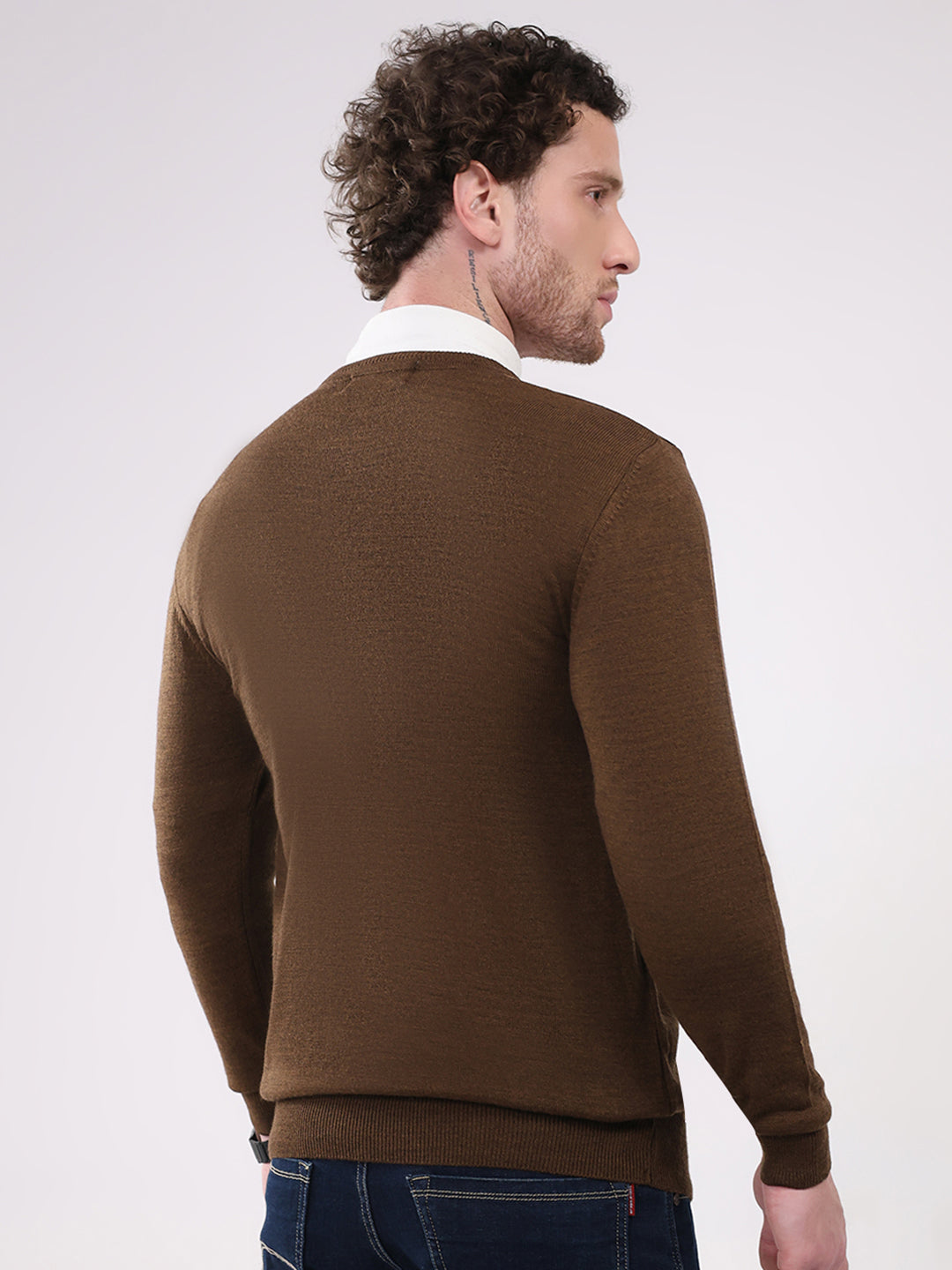 Men Brown Self Design V Neck Full Sleeve Pullover