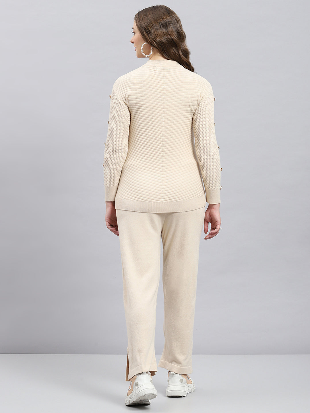 Women Beige Solid Round Neck Full Sleeve Cords Set