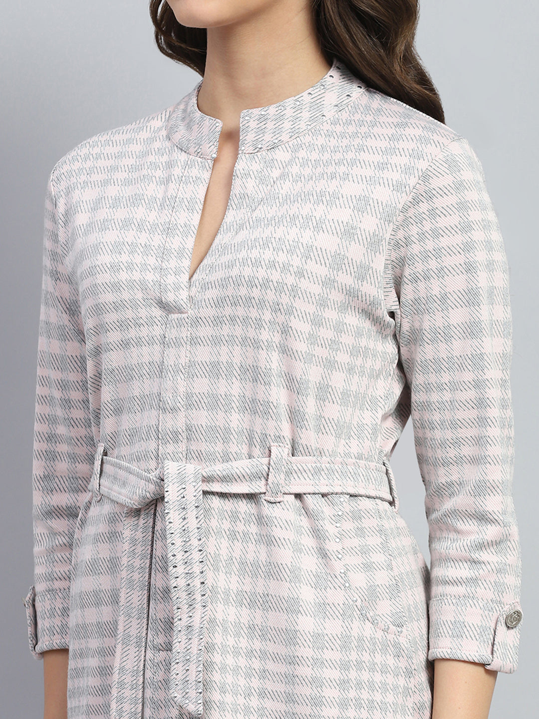 Women Grey & Pink Stripe Round Neck 3/4th Sleeve Dress