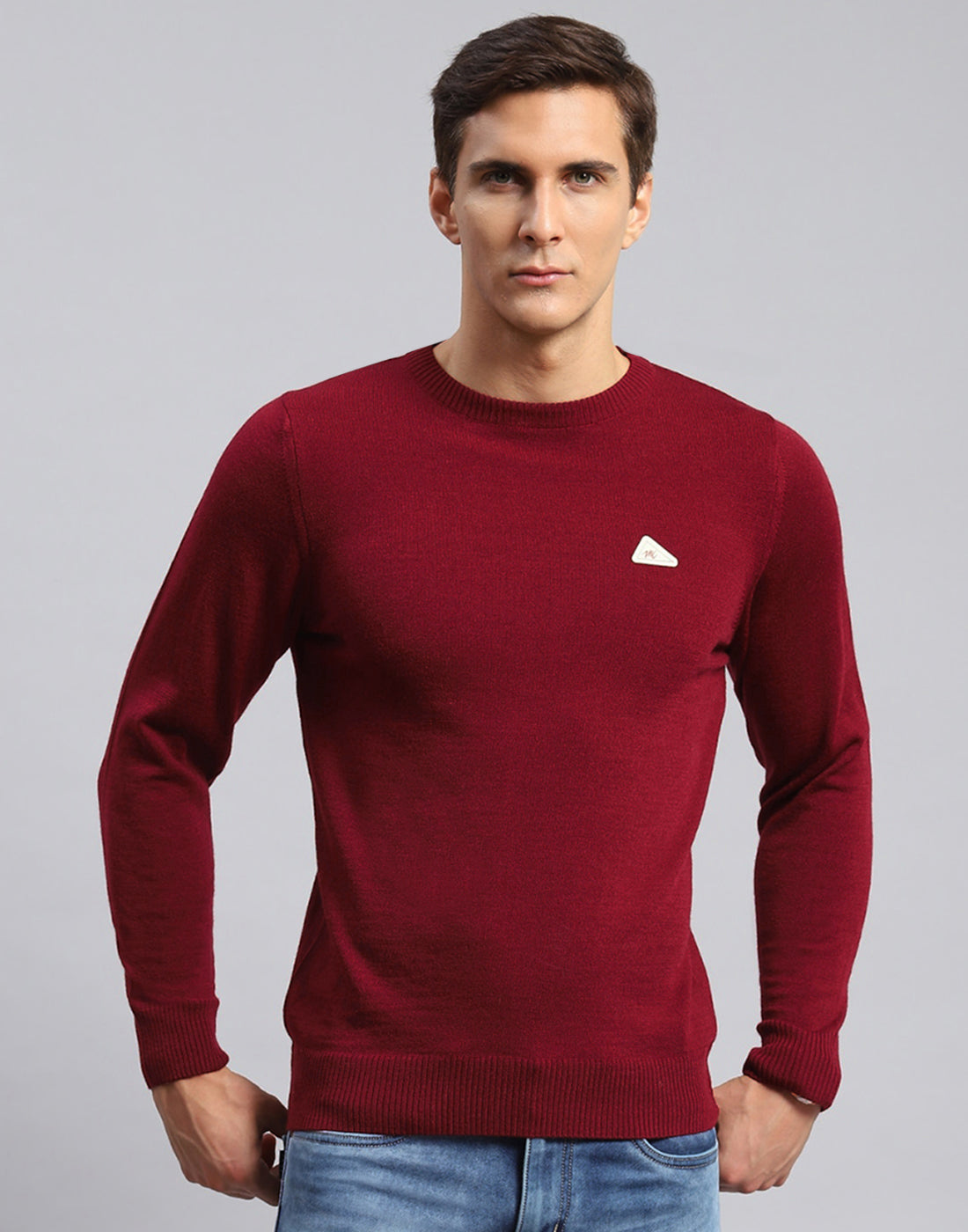 Men Red Solid Round Neck Full Sleeve Pullover