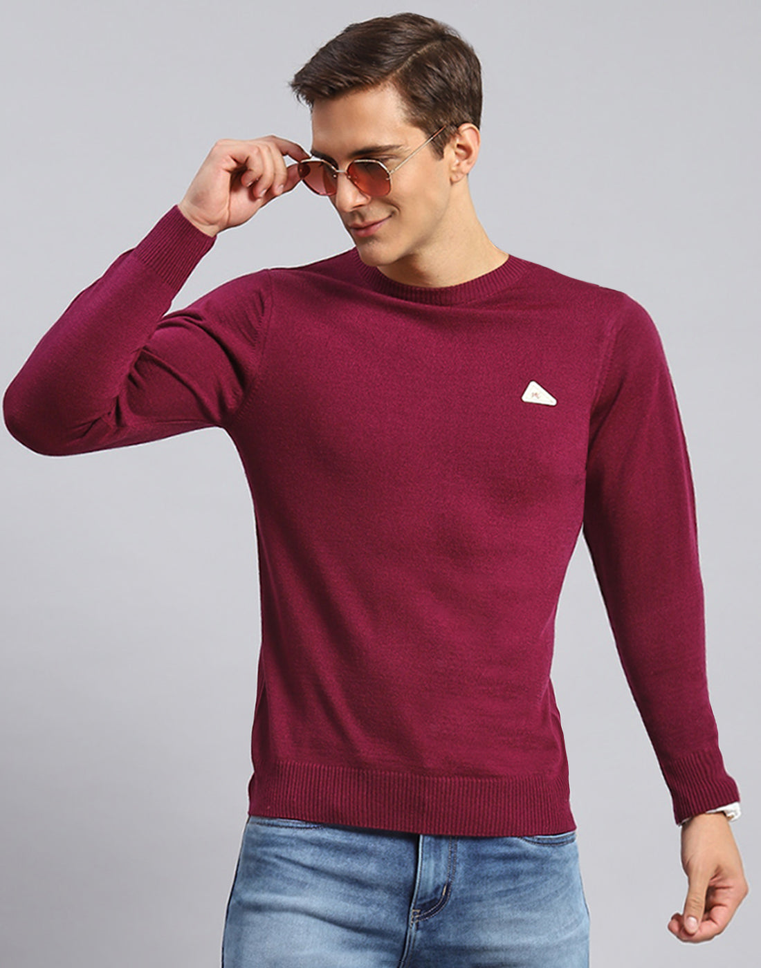 Men Maroon Solid Round Neck Full Sleeve Pullover