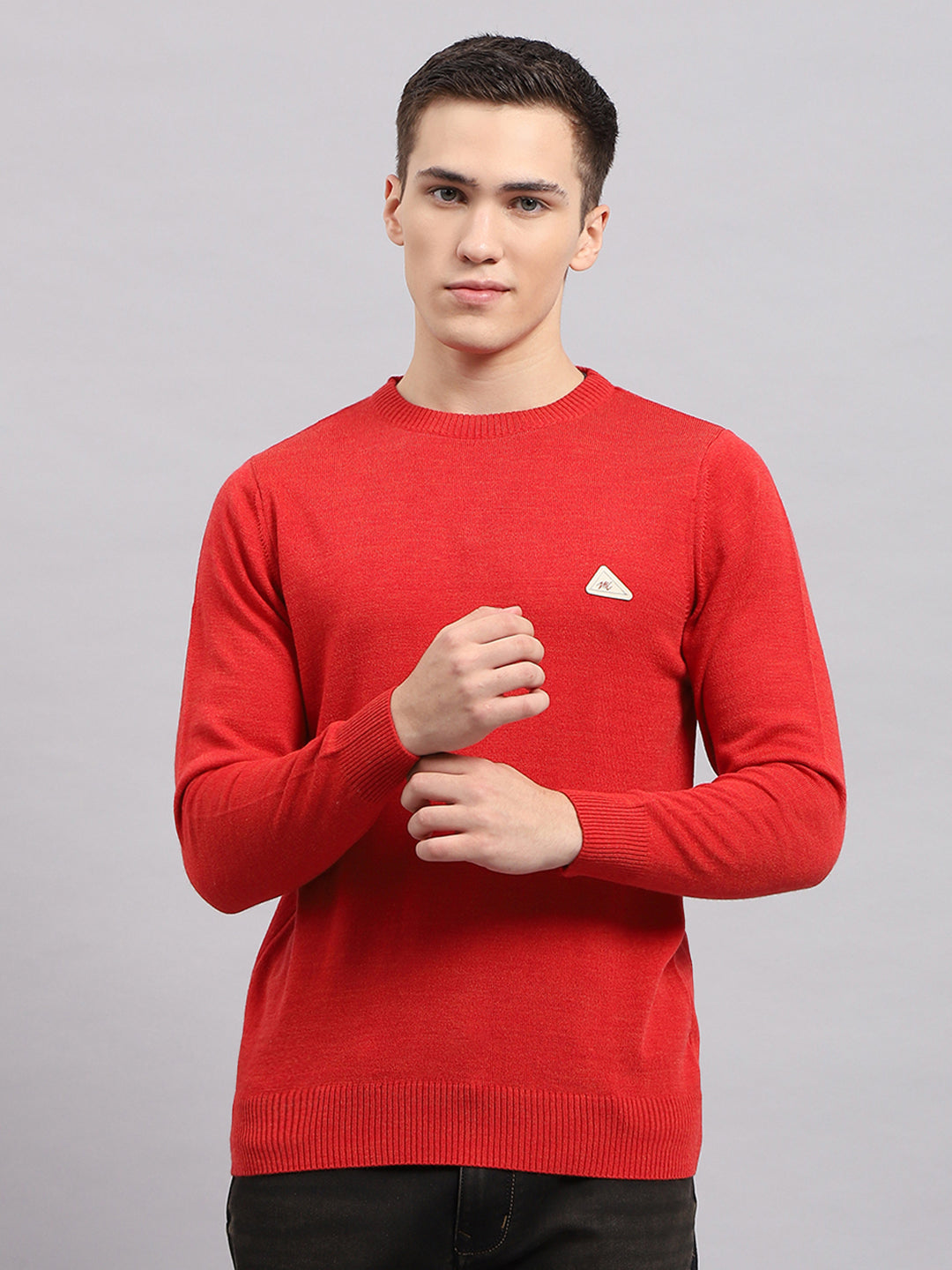 Men Red Solid Round Neck Full Sleeve Pullover