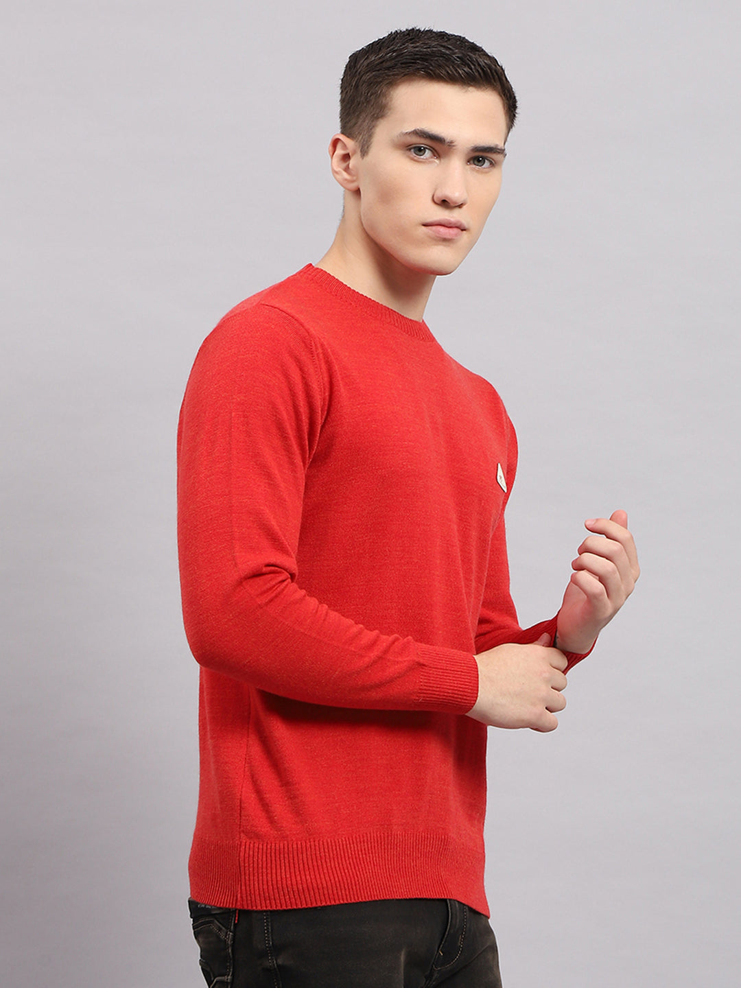 Men Red Solid Round Neck Full Sleeve Pullover