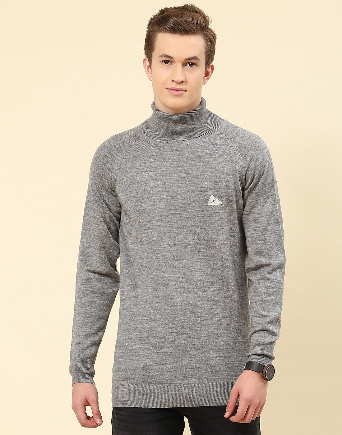Men Grey Solid High Neck Full Sleeve Pullover