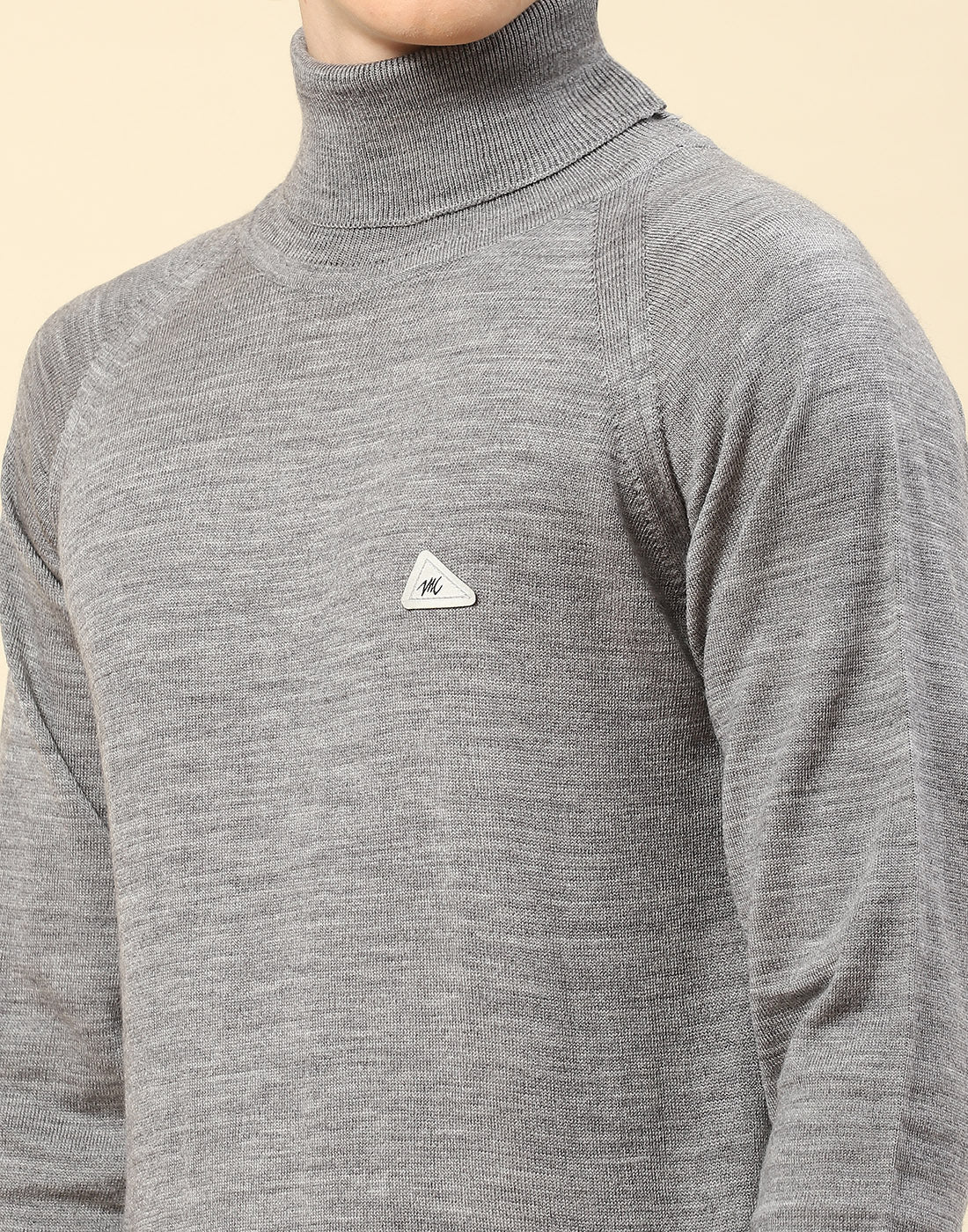 Men Grey Solid High Neck Full Sleeve Pullover