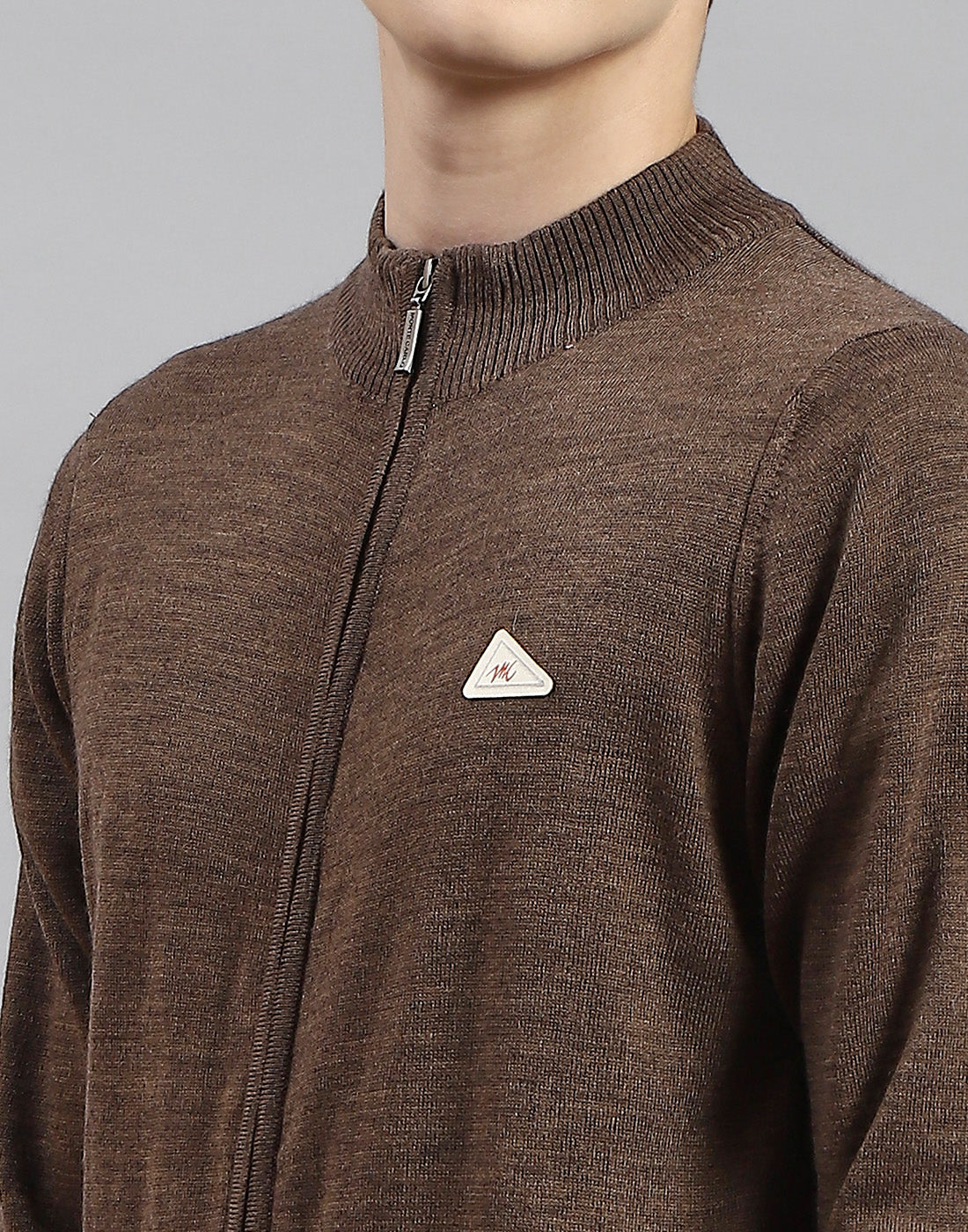 Men Brown Solid Stand Collar Full Sleeve Pullover