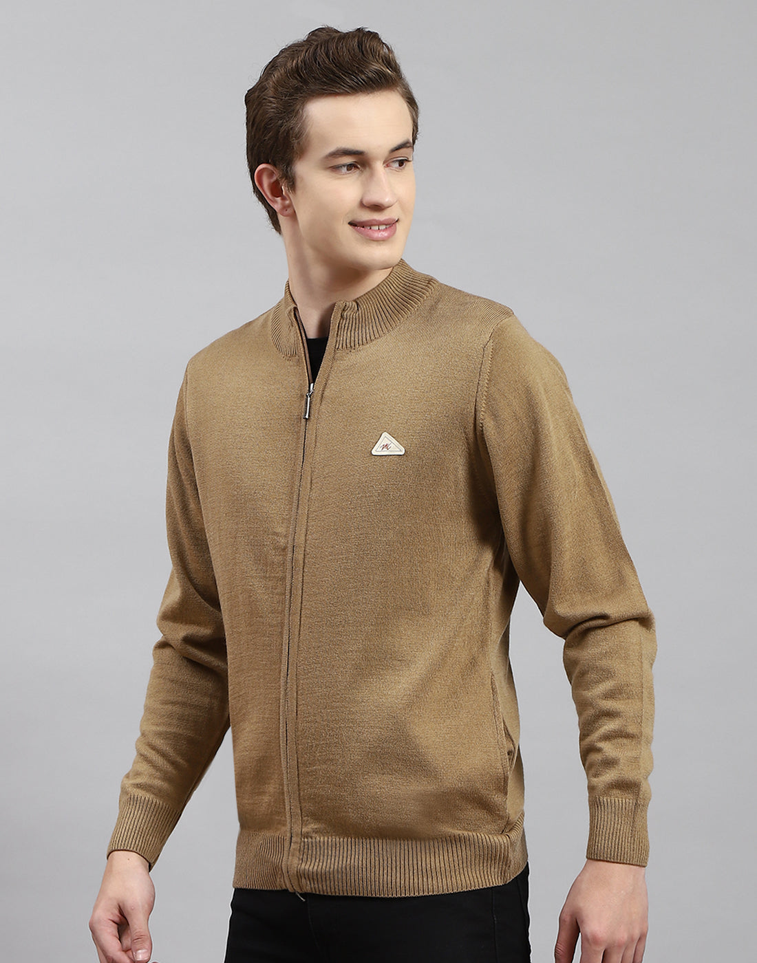 Men Brown Solid Stand Collar Full Sleeve Pullover