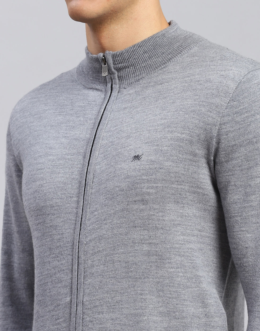 Men Grey Solid Stand Collar Full Sleeve Pullover