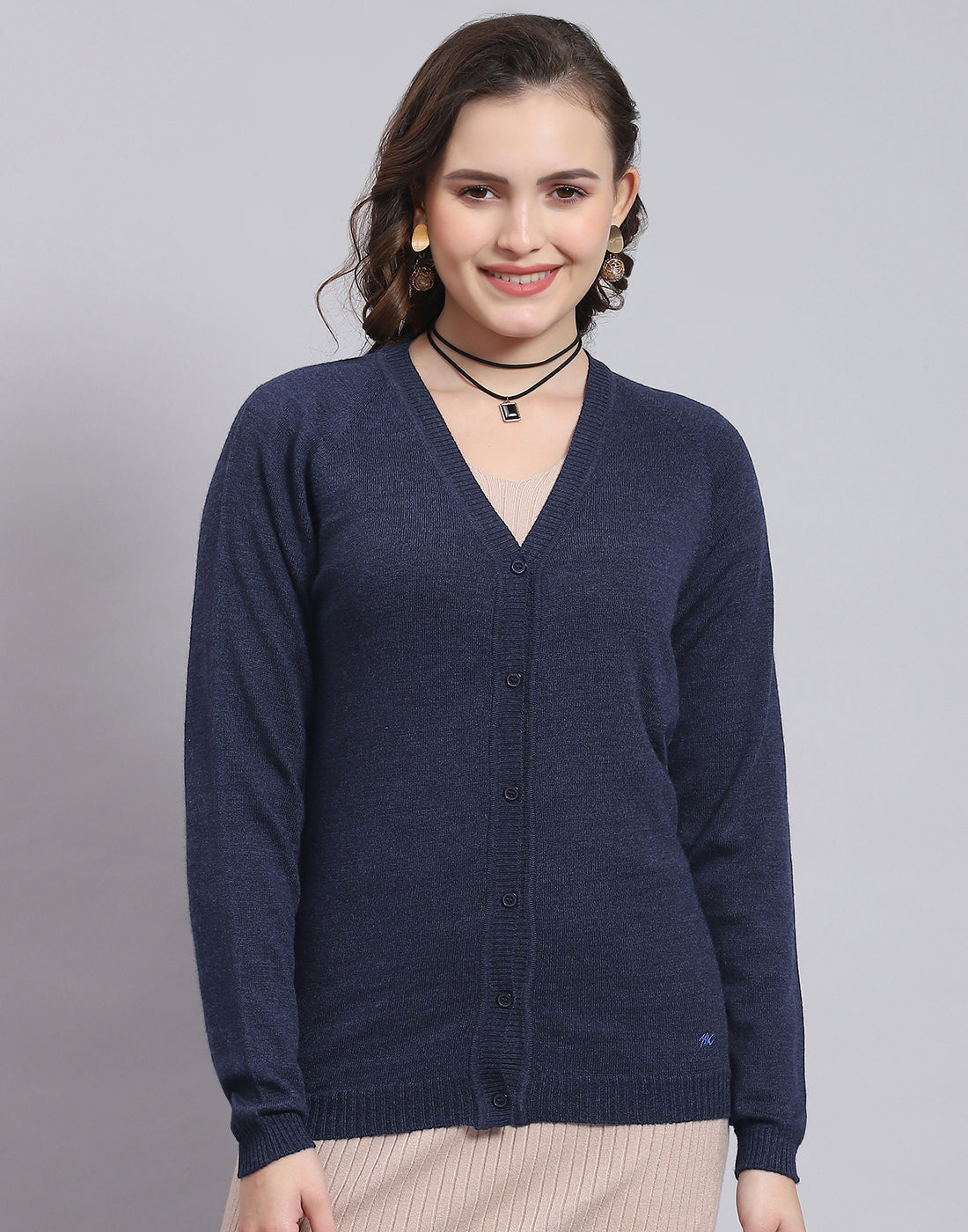 Women Navy Blue Solid V Neck Full Sleeve Cardigan
