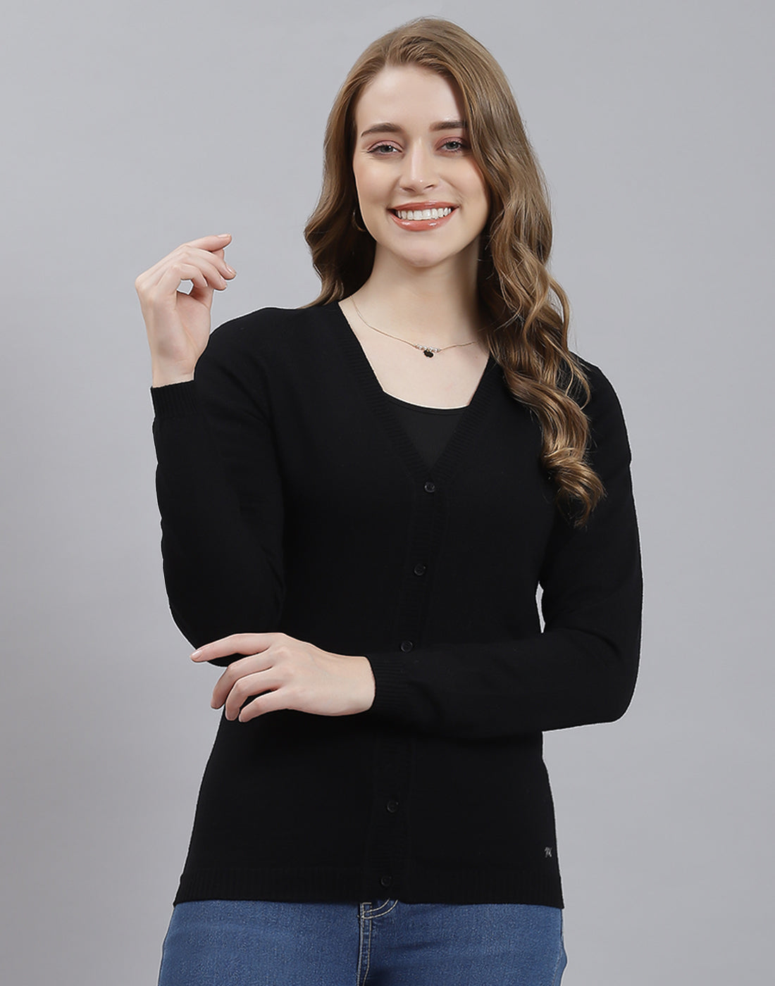 Women Black Solid V Neck Full Sleeve Cardigan