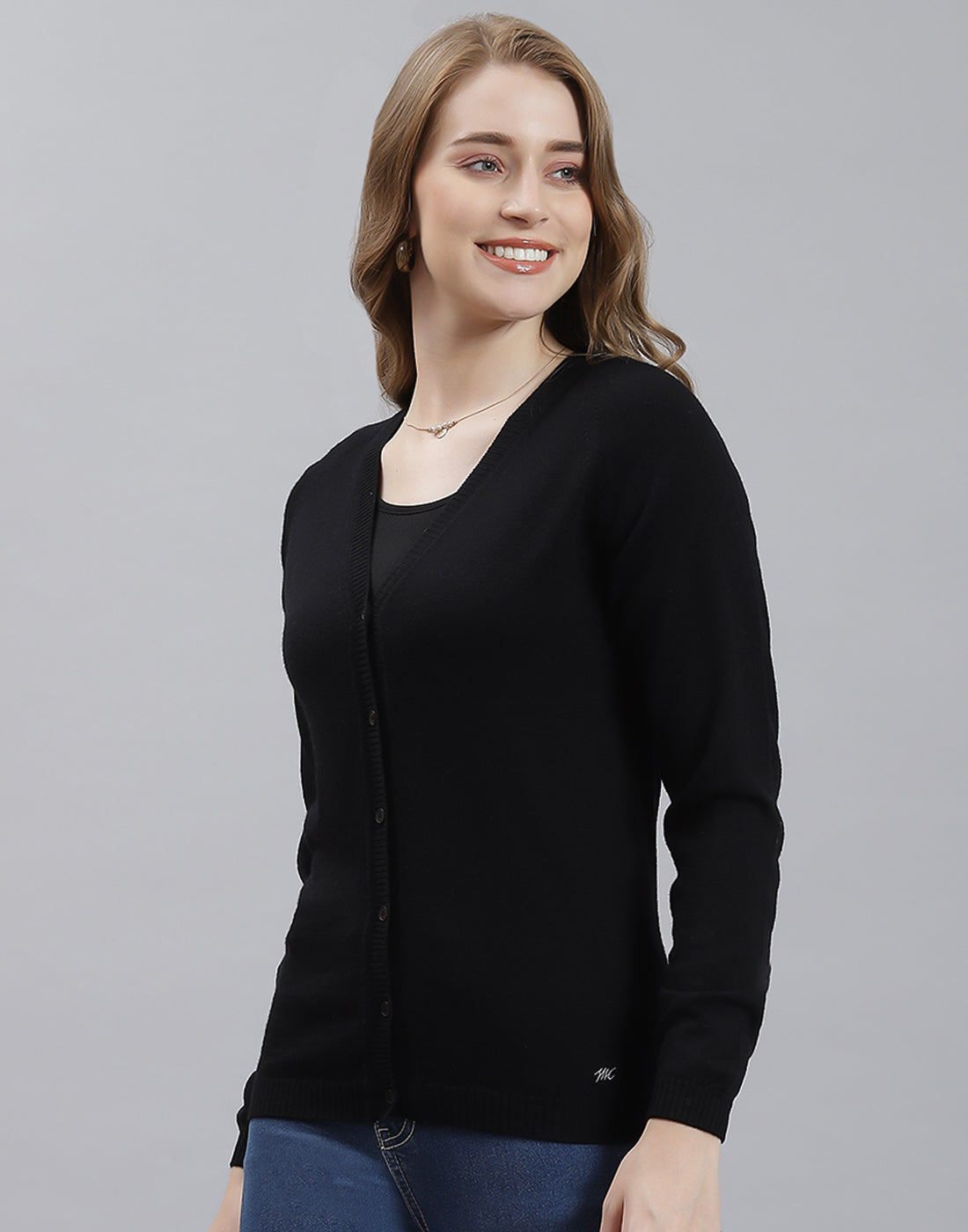 Women Black Solid V Neck Full Sleeve Cardigan