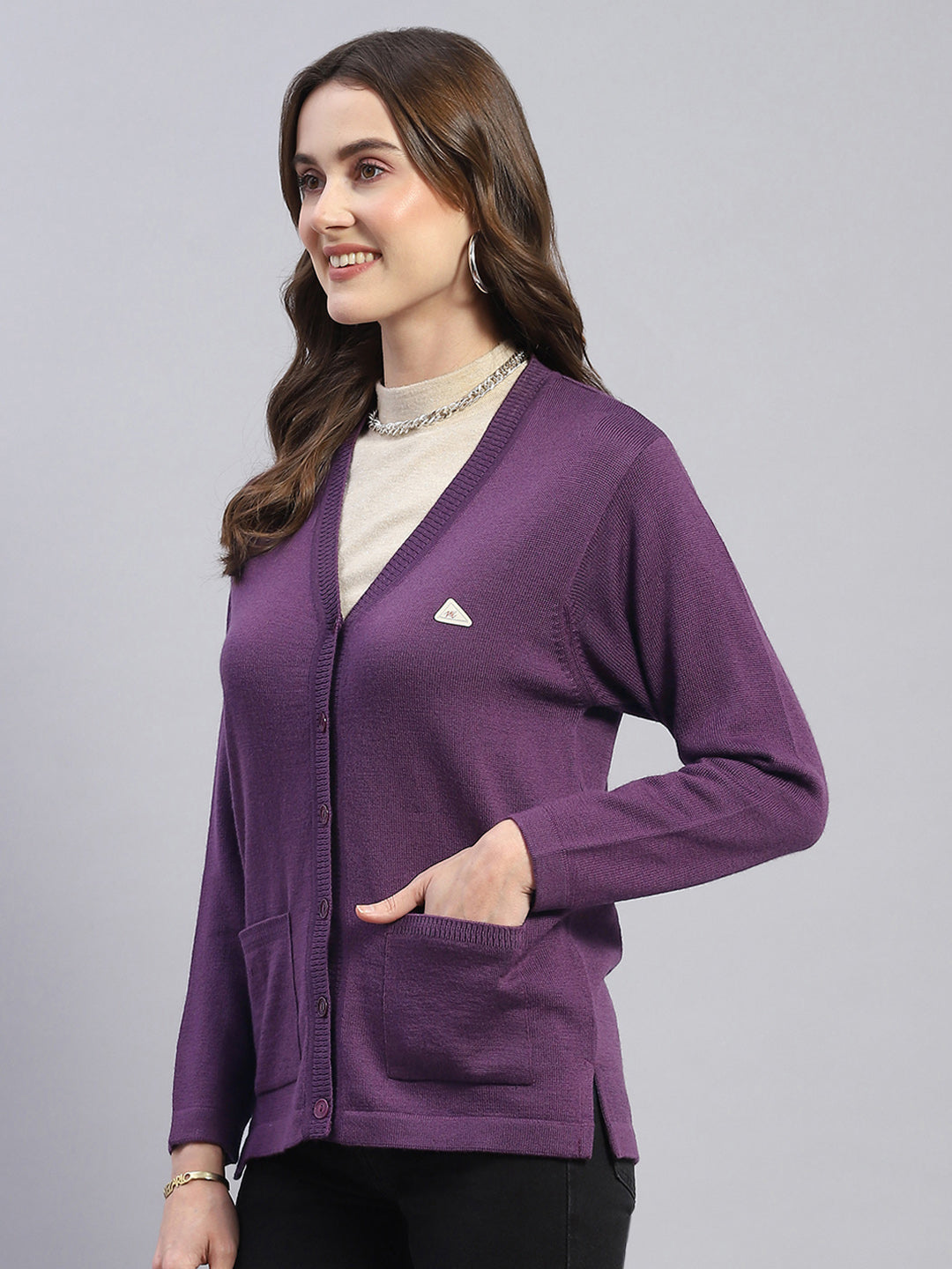 Women Purple Solid V Neck Full Sleeve Cardigan