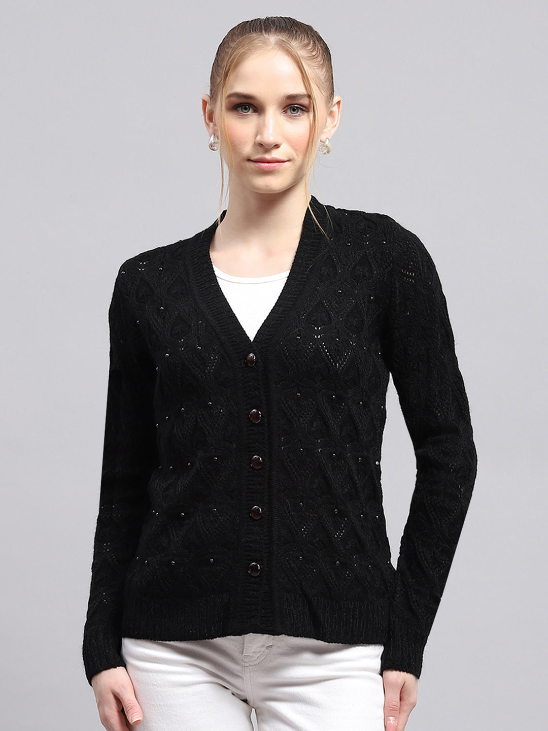 Women Black Self Design V Neck Full Sleeve Cardigan