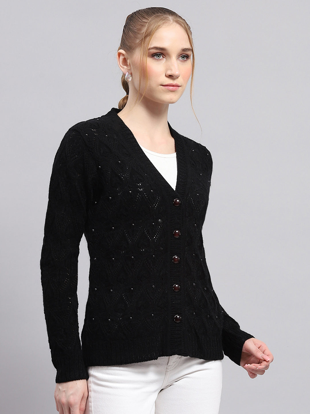 Women Black Self Design V Neck Full Sleeve Cardigan