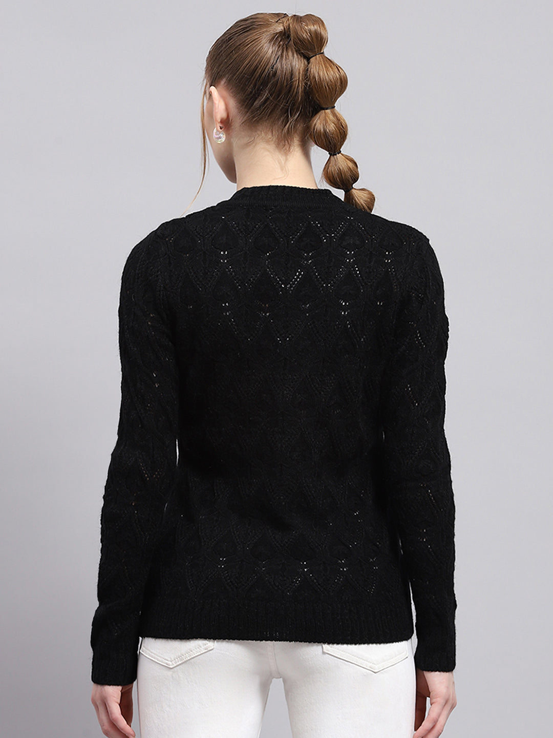 Women Black Self Design V Neck Full Sleeve Cardigan