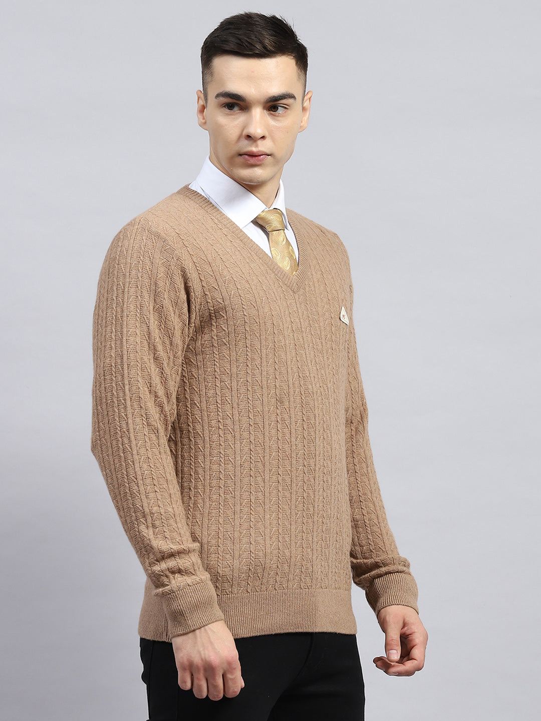 Men Beige Self Design V Neck Full Sleeve Pullover