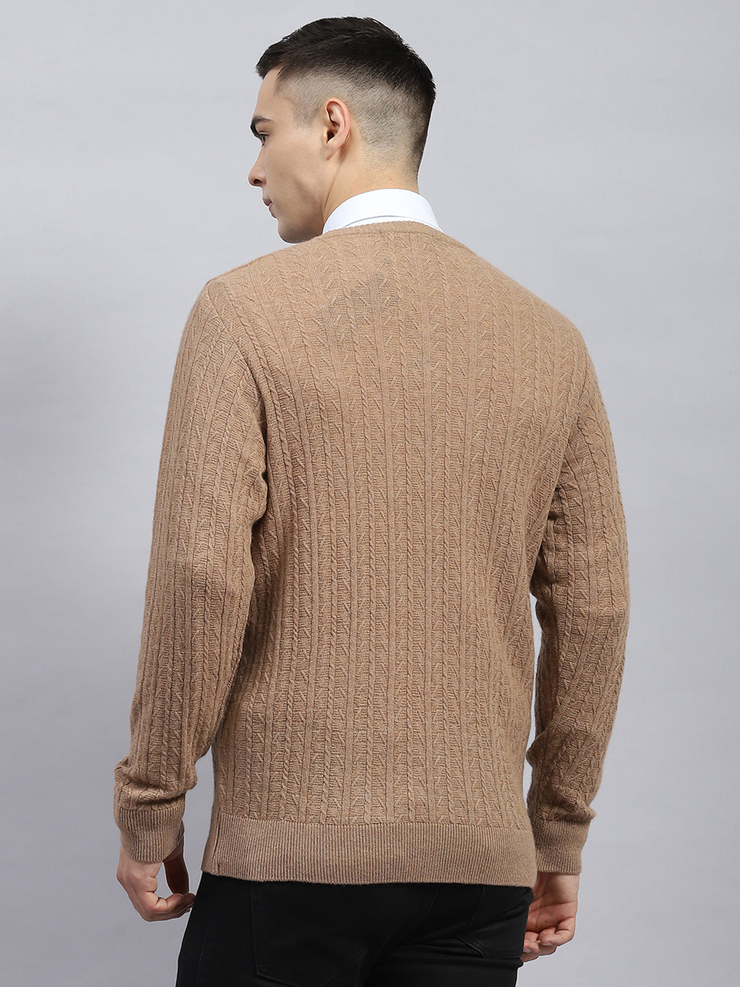 Men Beige Self Design V Neck Full Sleeve Pullover