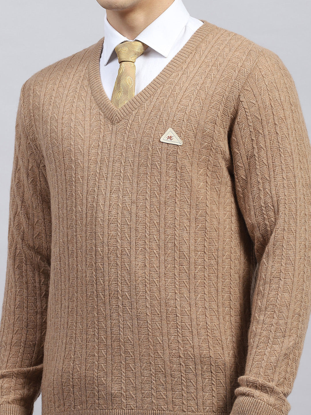 Men Beige Self Design V Neck Full Sleeve Pullover