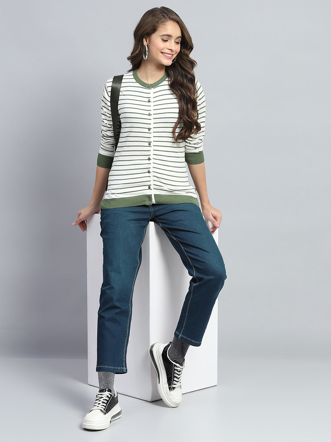 Women White Stripe Round Neck Full Sleeve Cardigan