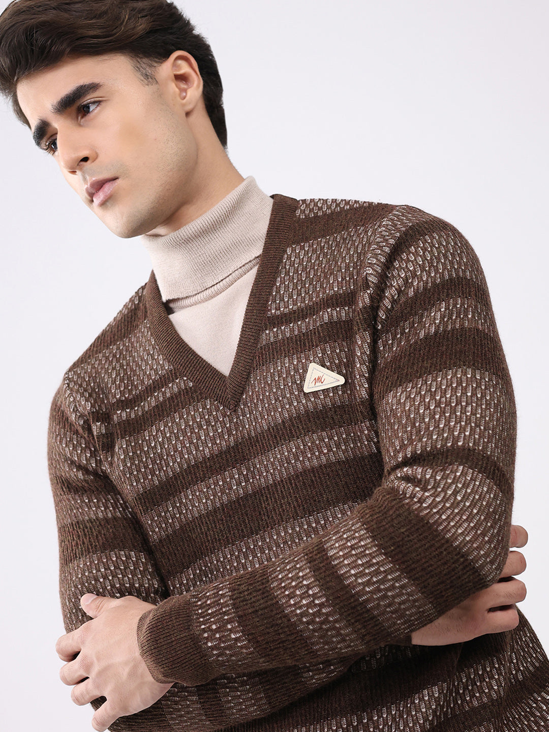 Men Brown Abstract V Neck Full Sleeve Pullover