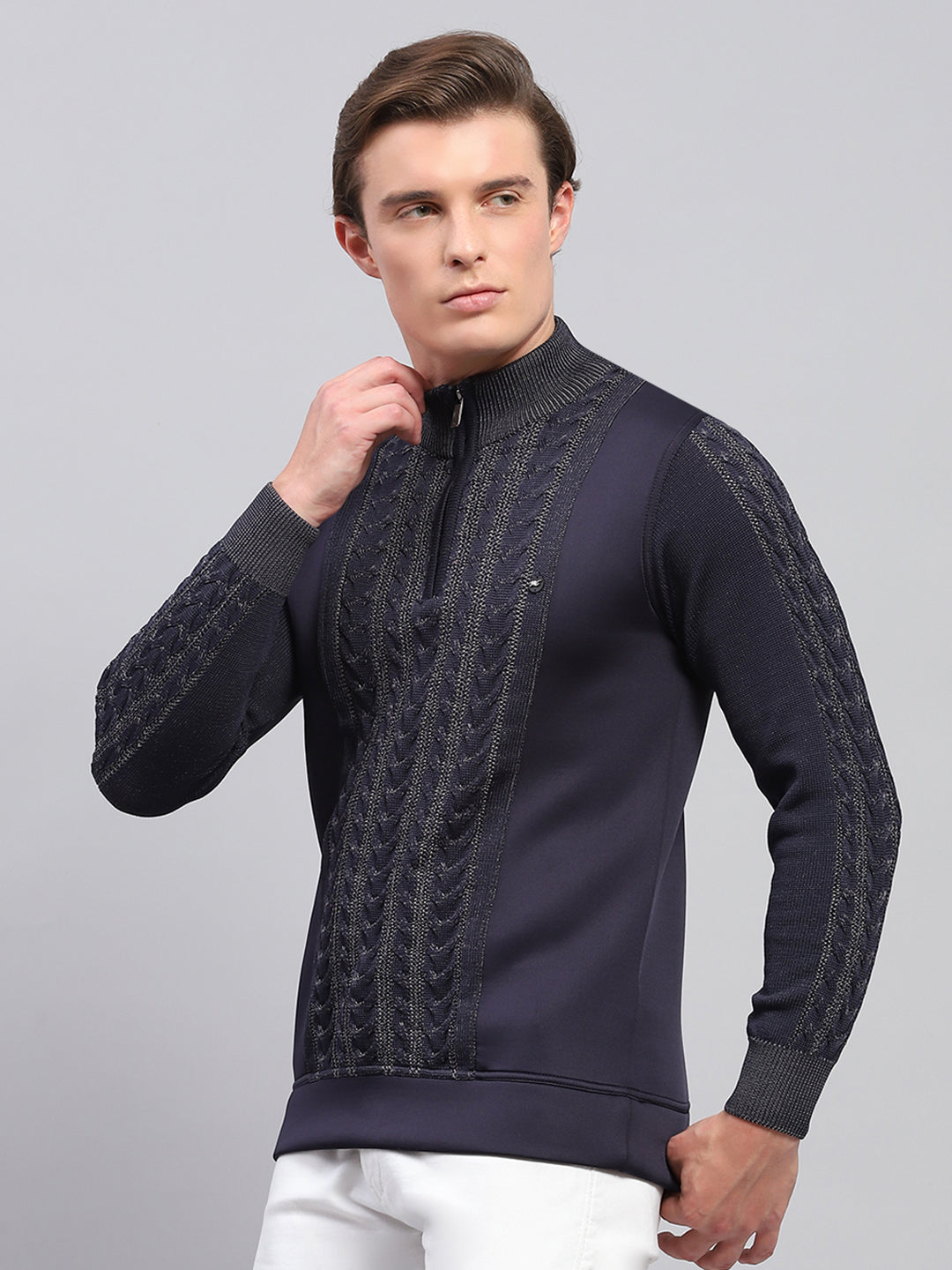 Men Navy Blue Self Design Mock Neck Full Sleeve Pullover