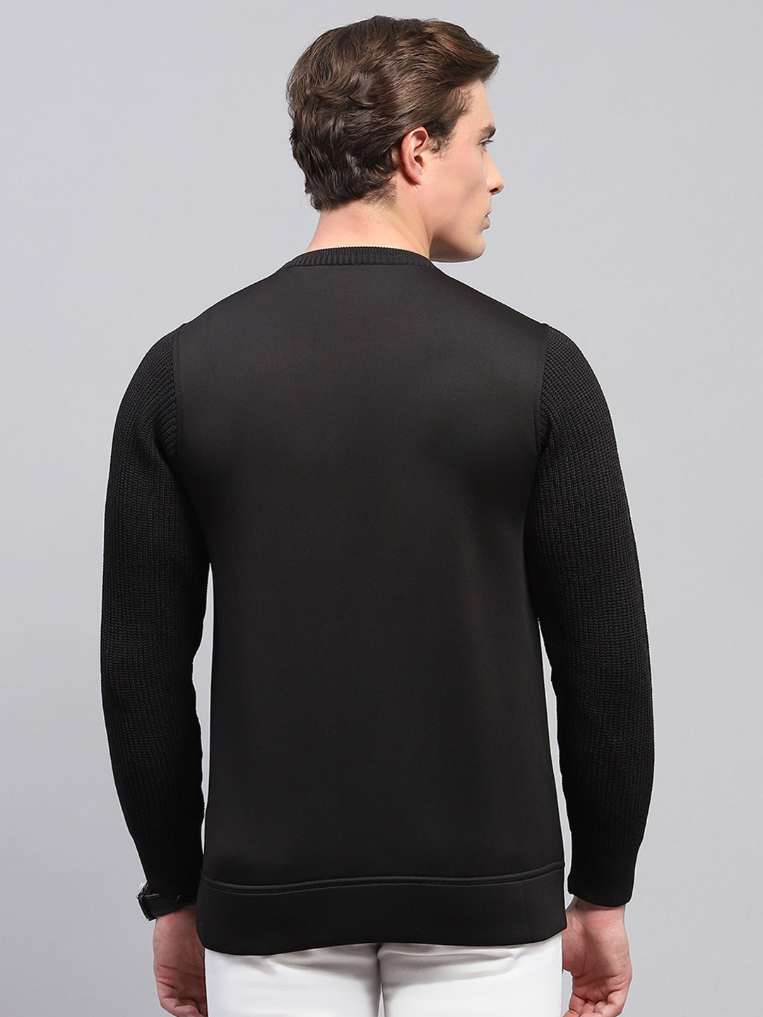 Men Black Self Design Round Neck Full Sleeve Pullover