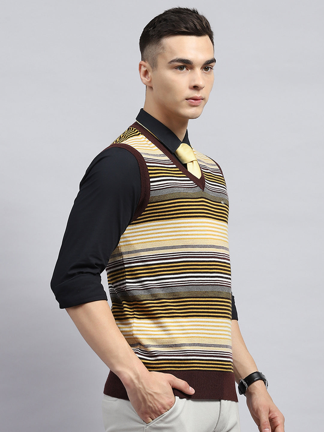 Men Yellow & Brown Stripe V Neck Sleeveless Sweater
