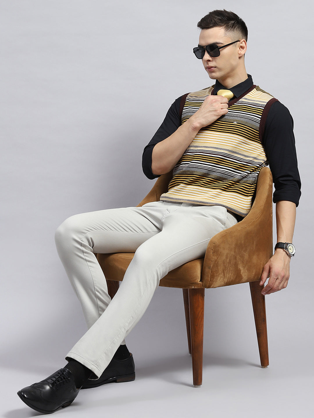 Men Yellow & Brown Stripe V Neck Sleeveless Sweater