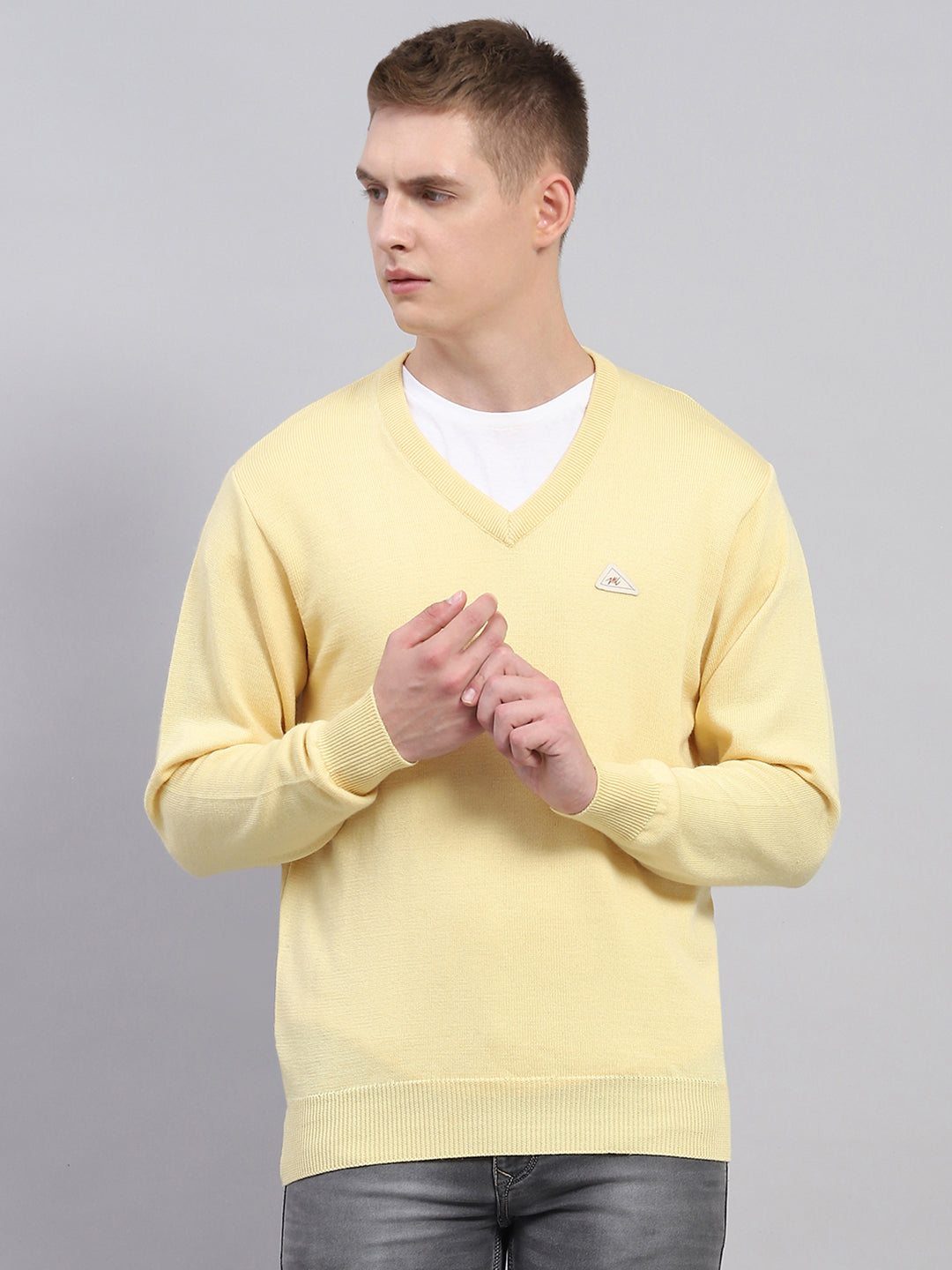 Men Yellow Solid V Neck Full Sleeve Pullover