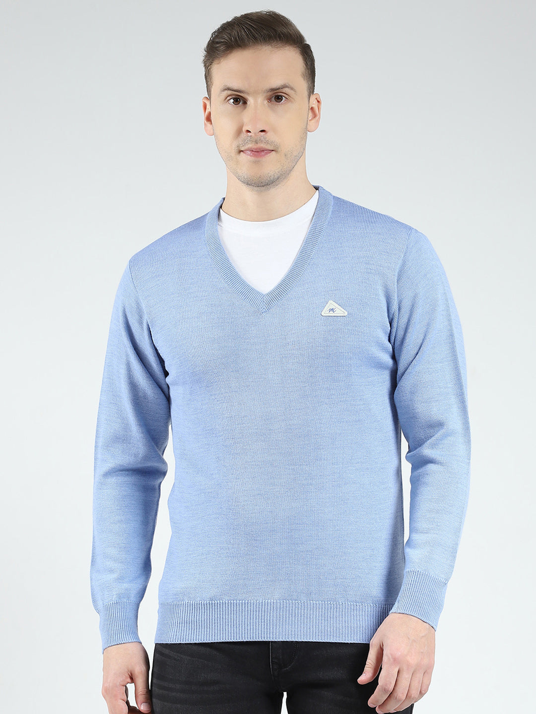 Men Blue Solid V Neck Full Sleeve Pullover