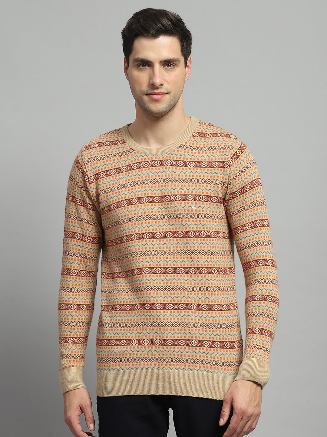 Luxuria Men Camel Brown Self Design Round Neck Full Sleeve Pullover