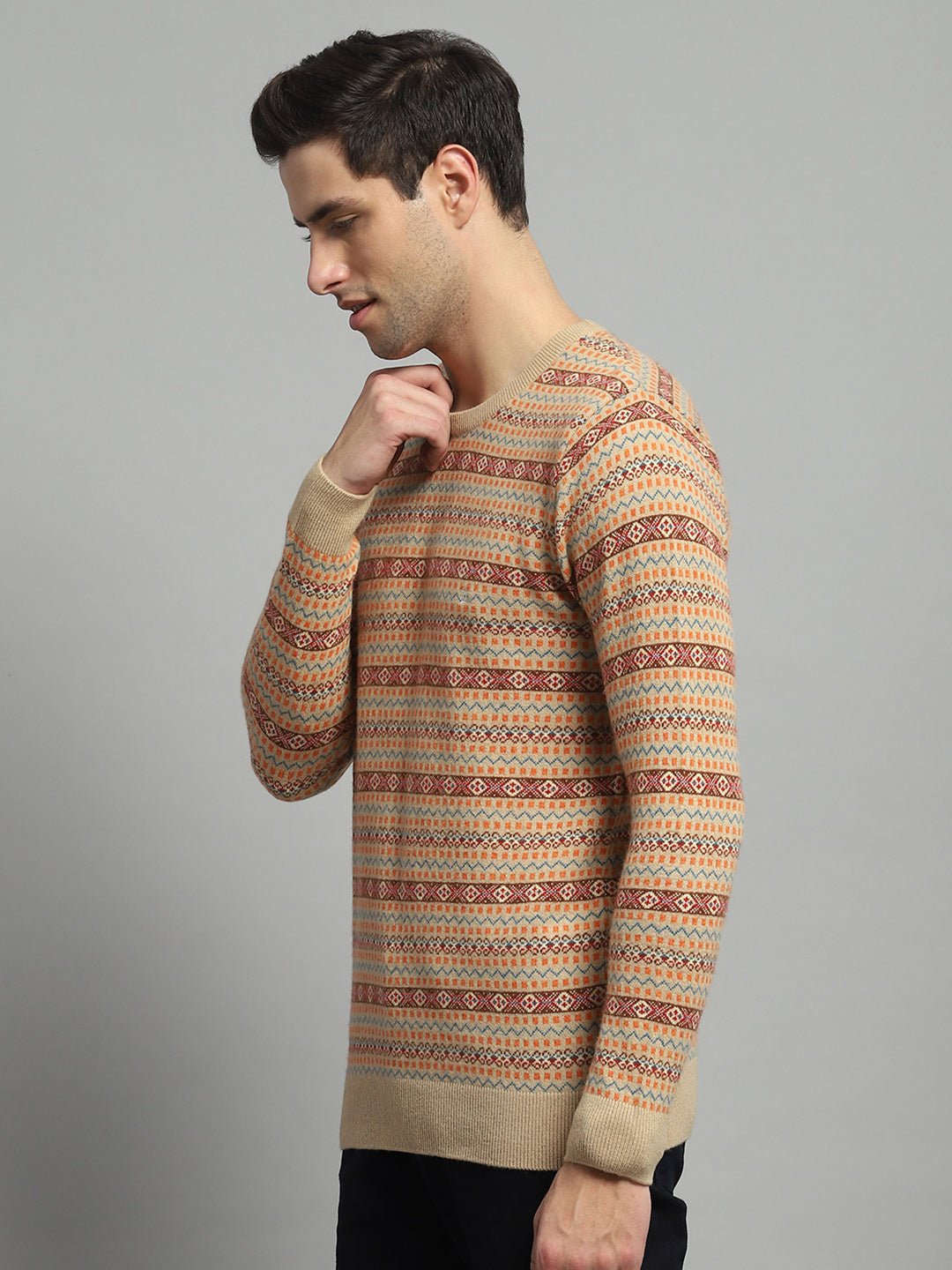 Luxuria Men Camel Brown Self Design Round Neck Full Sleeve Pullover