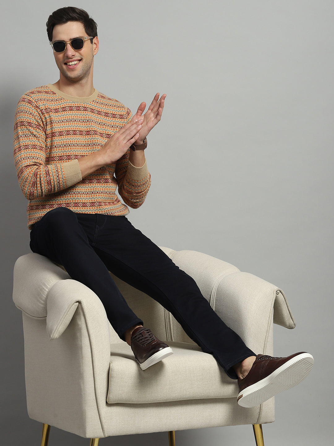 Luxuria Men Camel Brown Self Design Round Neck Full Sleeve Pullover