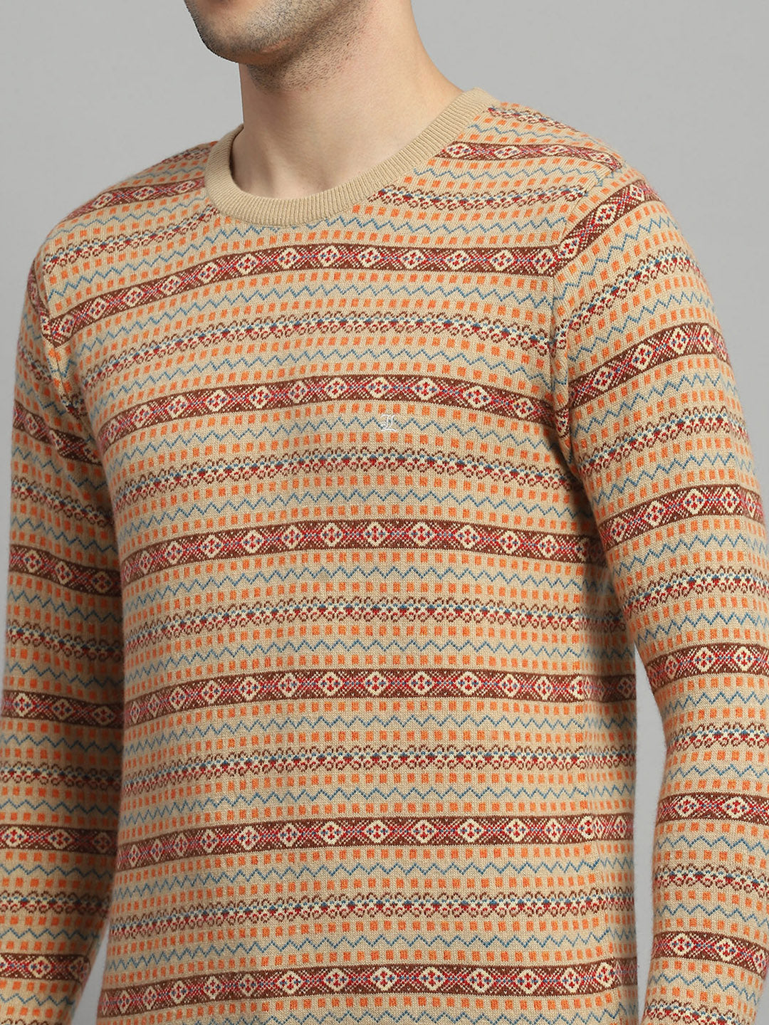 Luxuria Men Camel Brown Self Design Round Neck Full Sleeve Pullover