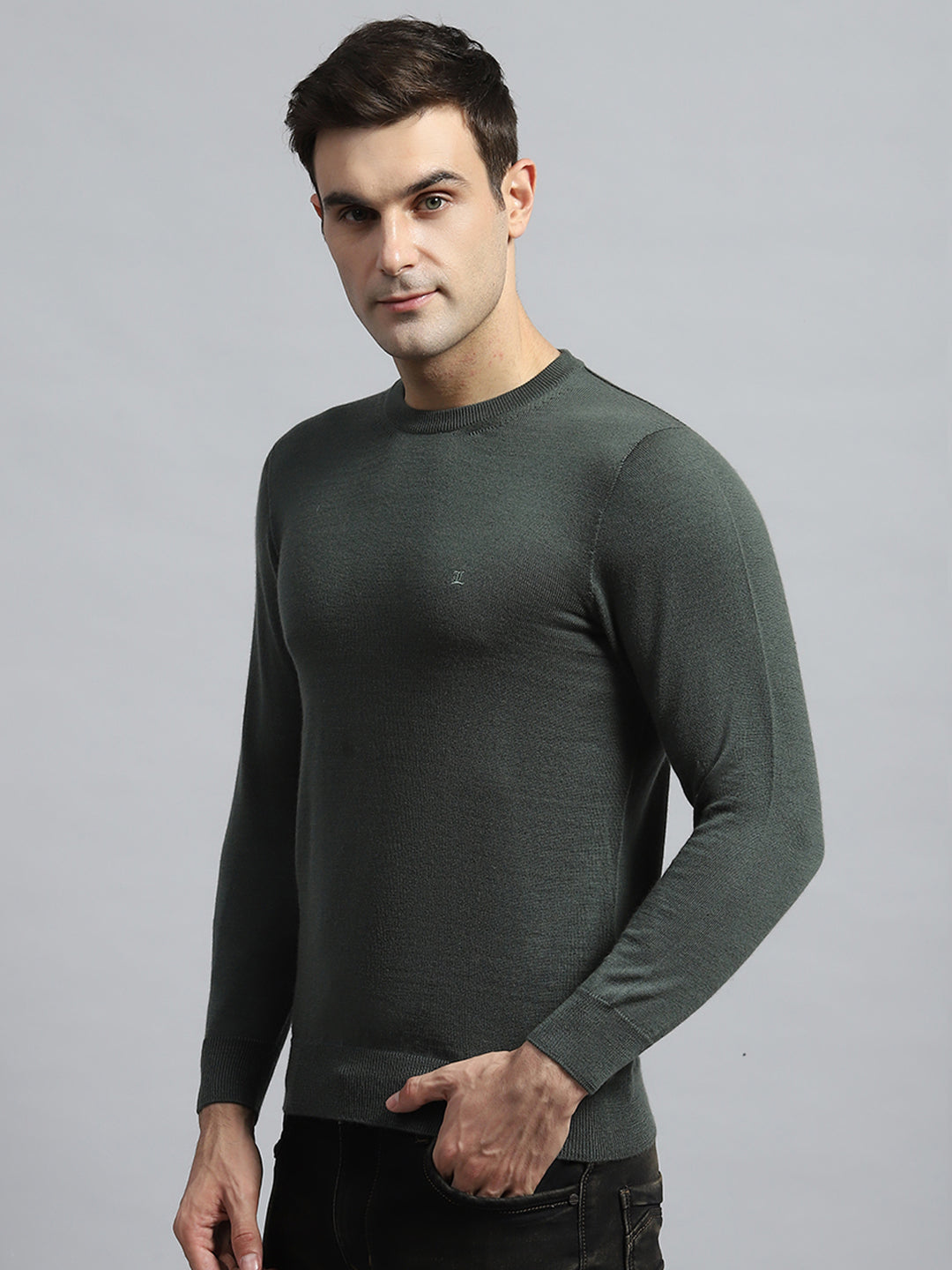 Luxuria Men Olive Solid Round Neck Full Sleeve Pullover