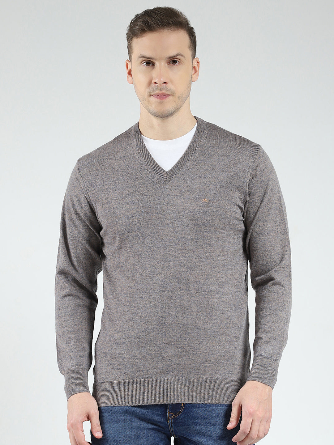 Men Grey Solid V Neck Full Sleeve Pullover