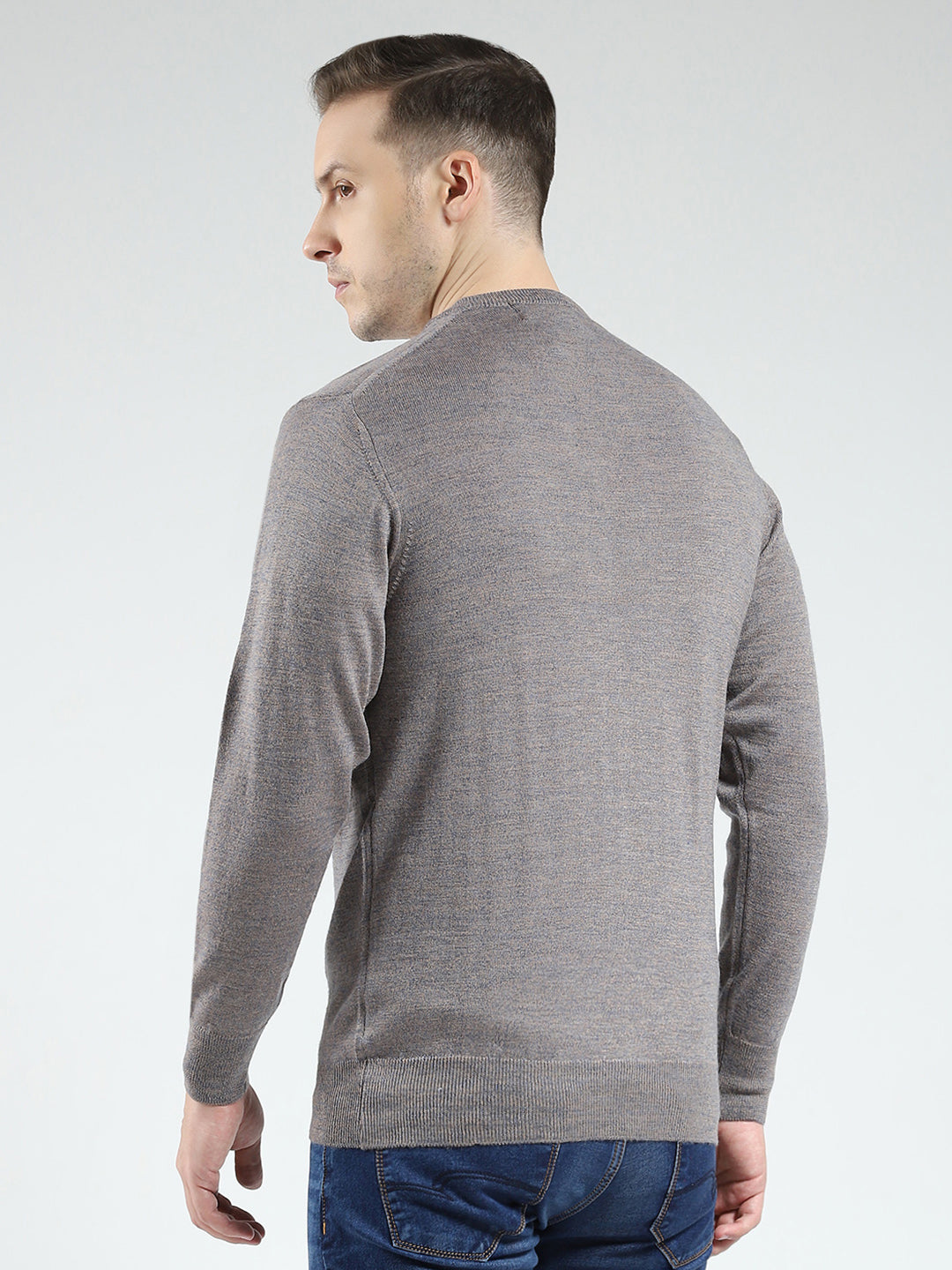 Men Grey Solid V Neck Full Sleeve Pullover
