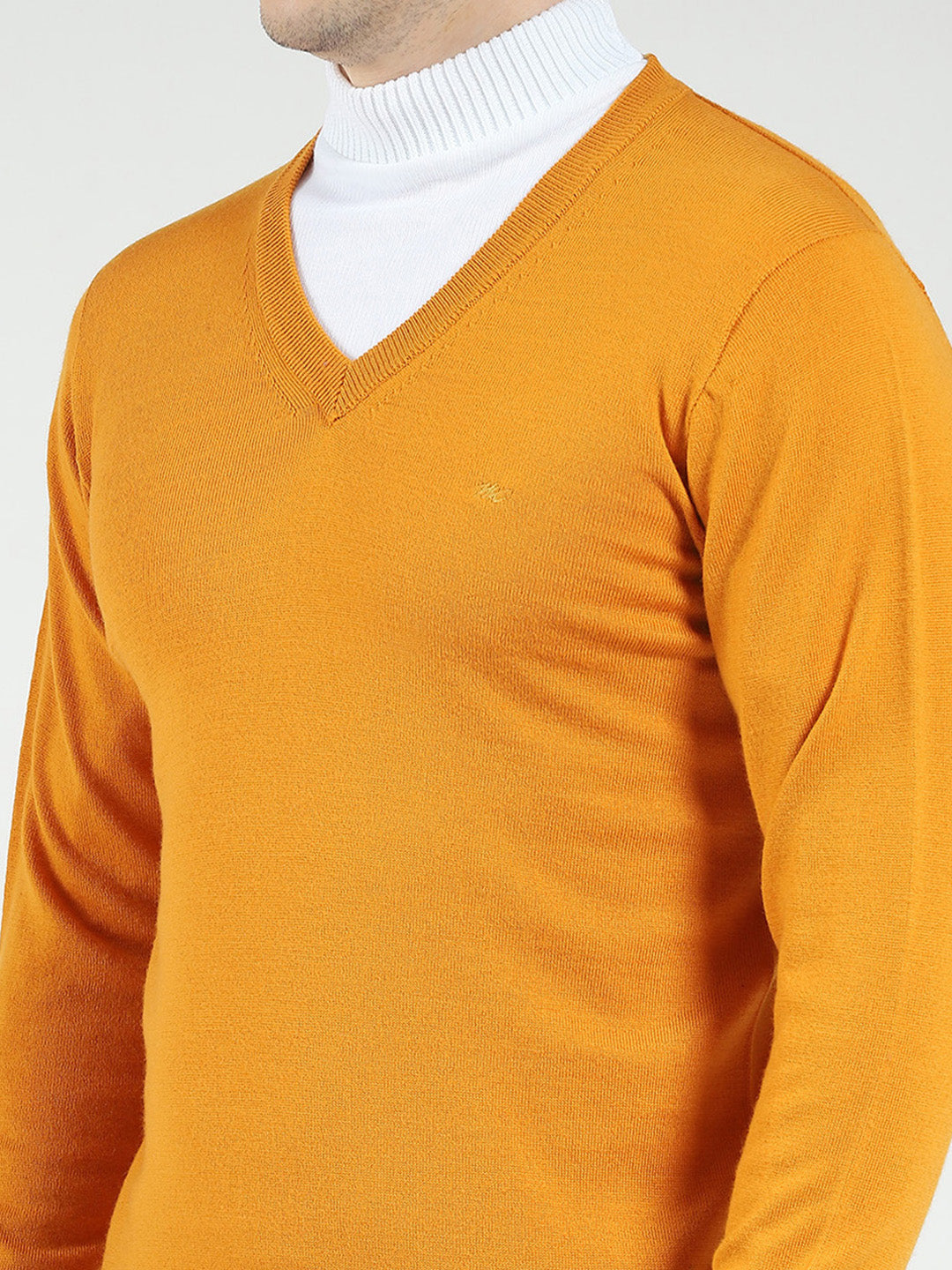 Men Yellow Solid V Neck Full Sleeve Pullover
