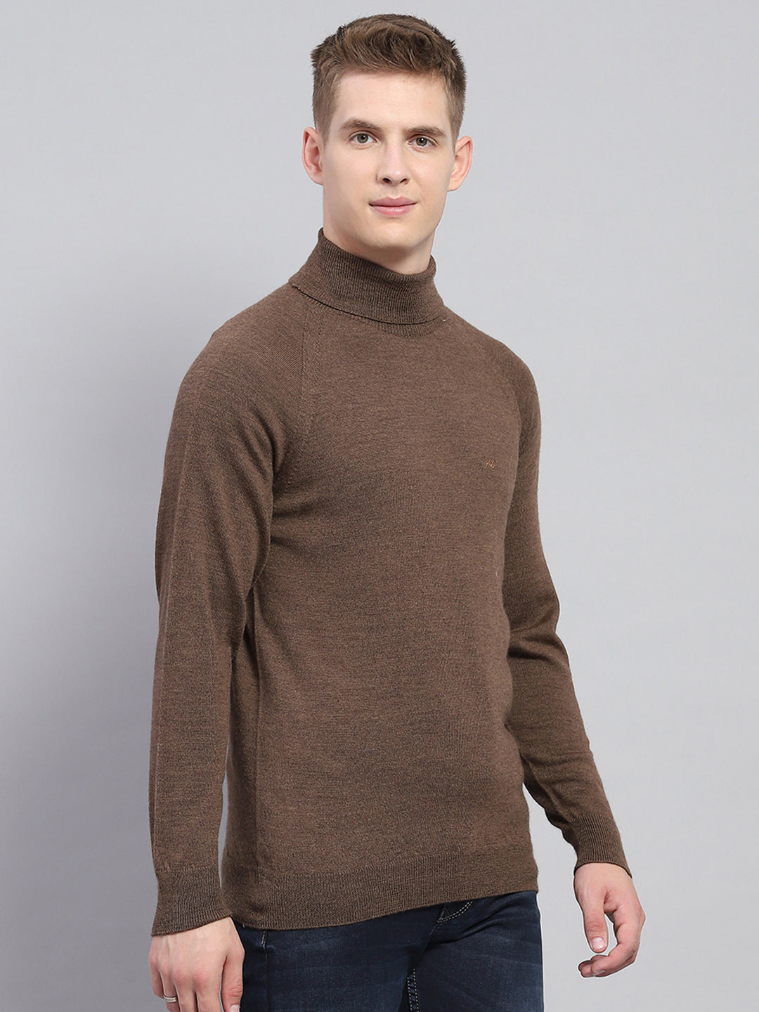Men Brown Solid High Neck Full Sleeve Pullover