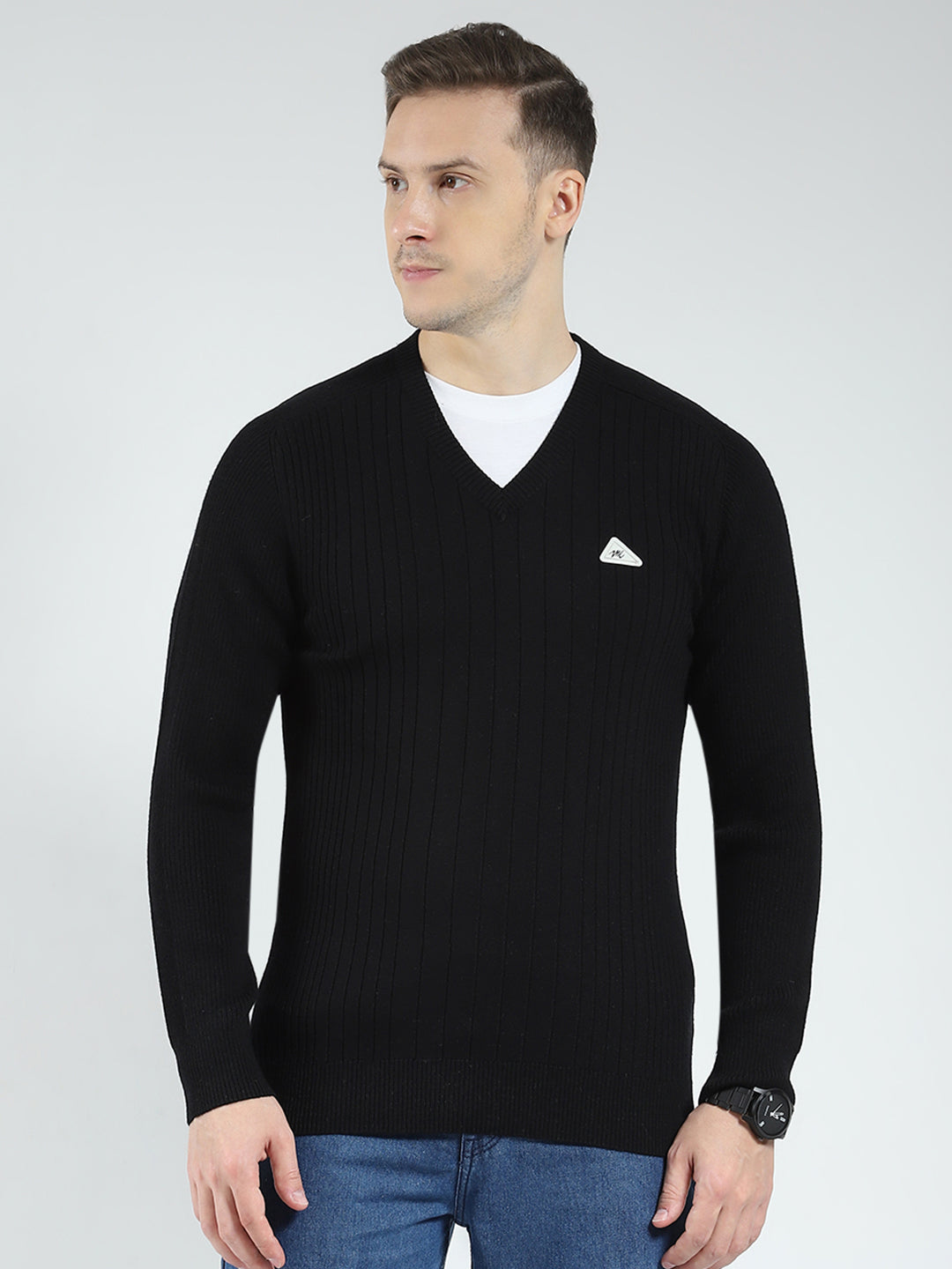Men Black Solid V Neck Full Sleeve Pullover