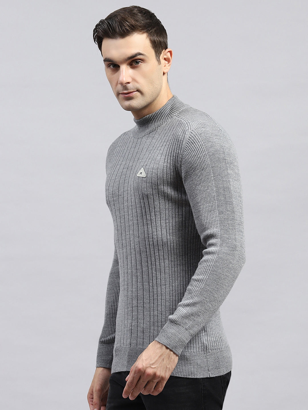 Men Grey Solid High Neck Full Sleeve Pullover