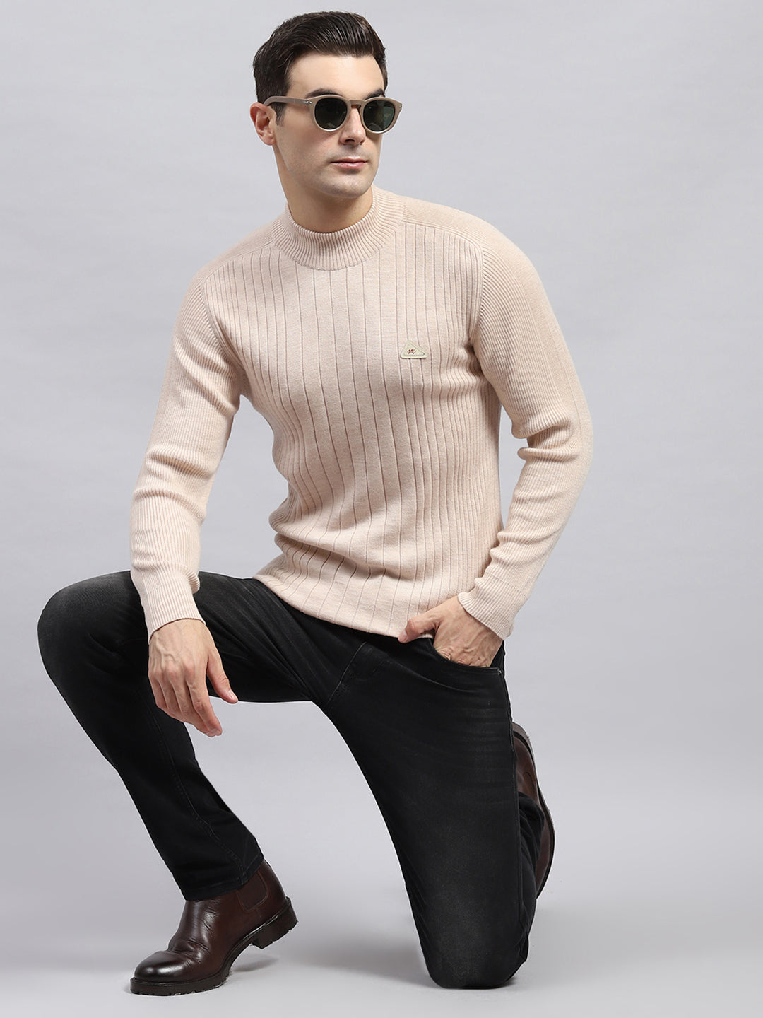 Men Beige Solid High Neck Full Sleeve Pullover