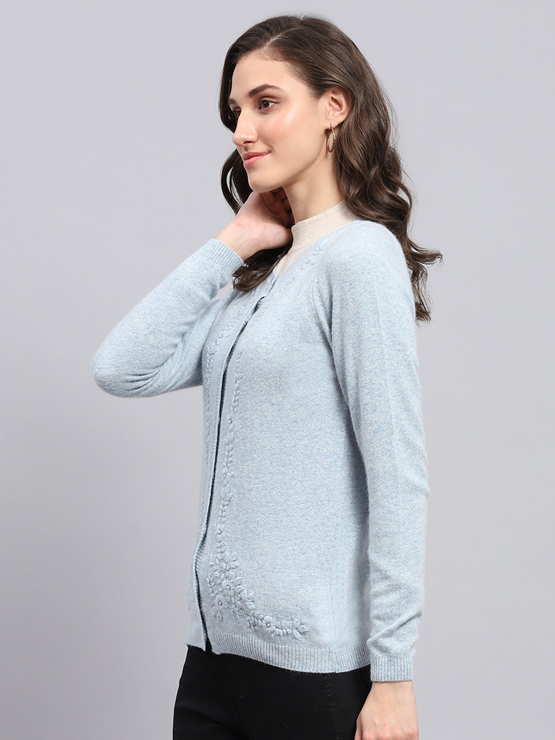 Women Sky Blue Solid Round Neck Full Sleeve Cardigan