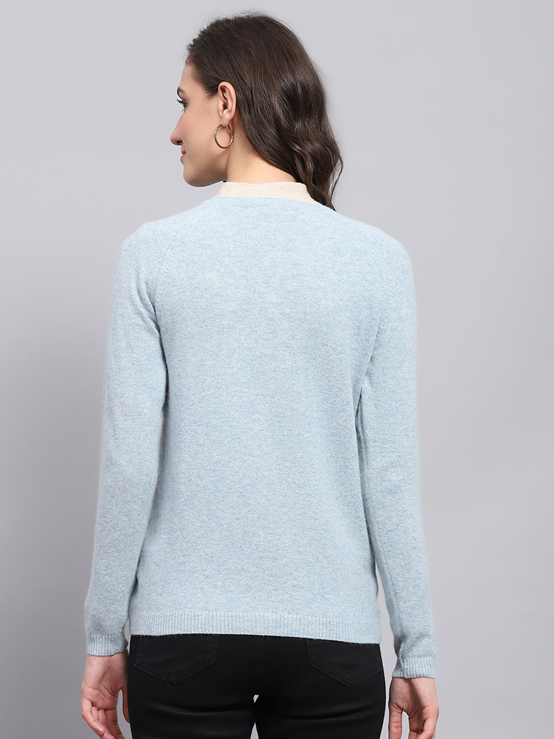 Women Sky Blue Solid Round Neck Full Sleeve Cardigan