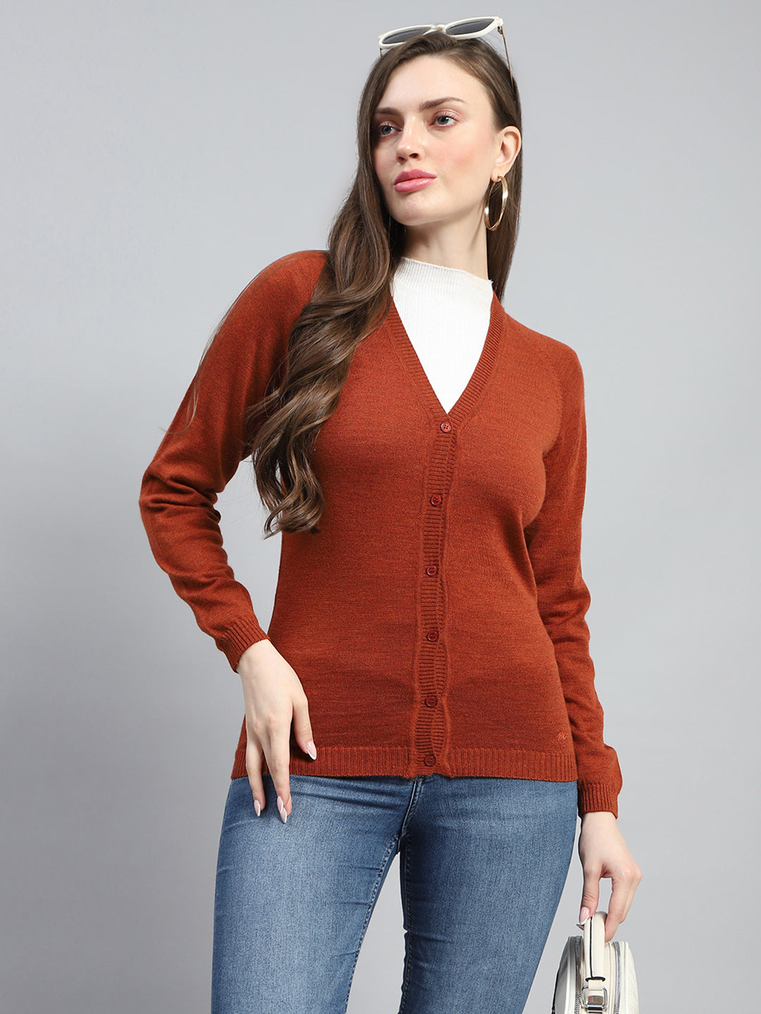 Women Rust Solid V Neck Full Sleeve Cardigan