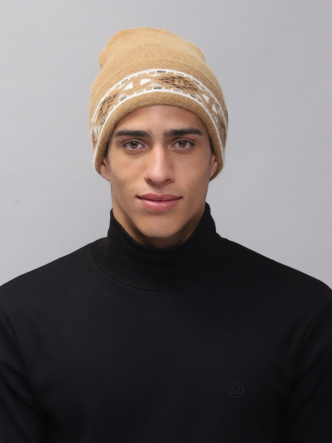 Men Camel Brown Self Design Cap