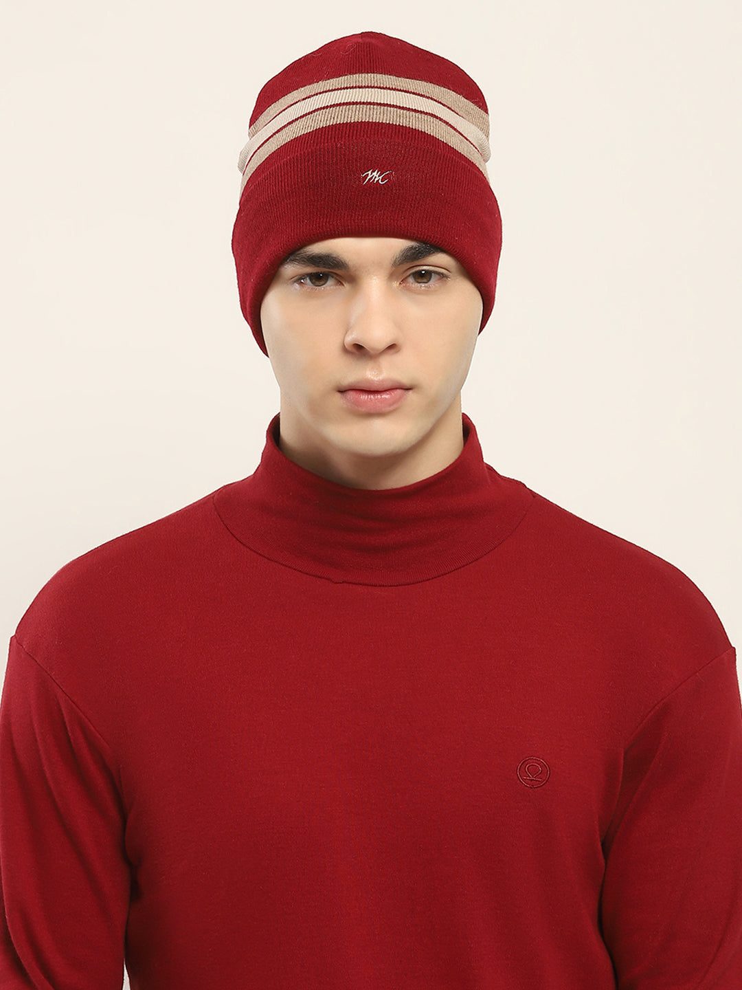 Men Maroon Self Design Cap