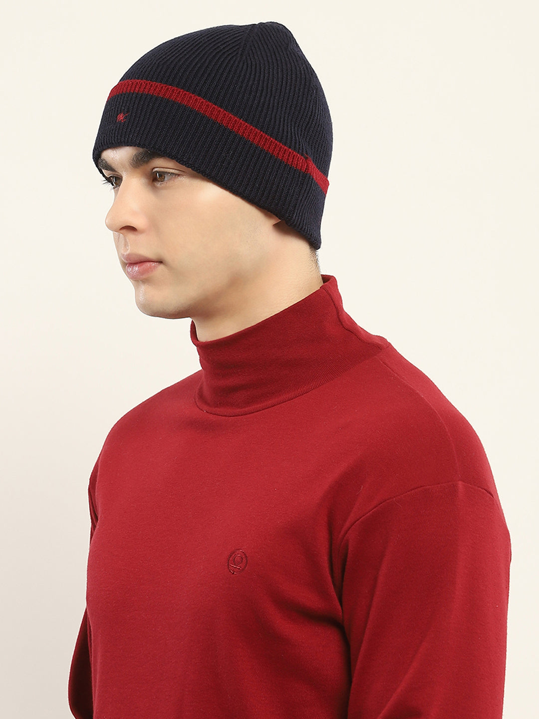 Men Navy Blue Self Design Cap